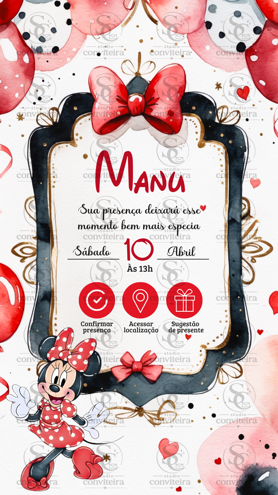 Convite Minnie Vermelha Aquarela Interativo