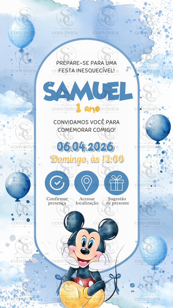 Convite Mickey Azul Aquarela Interativo