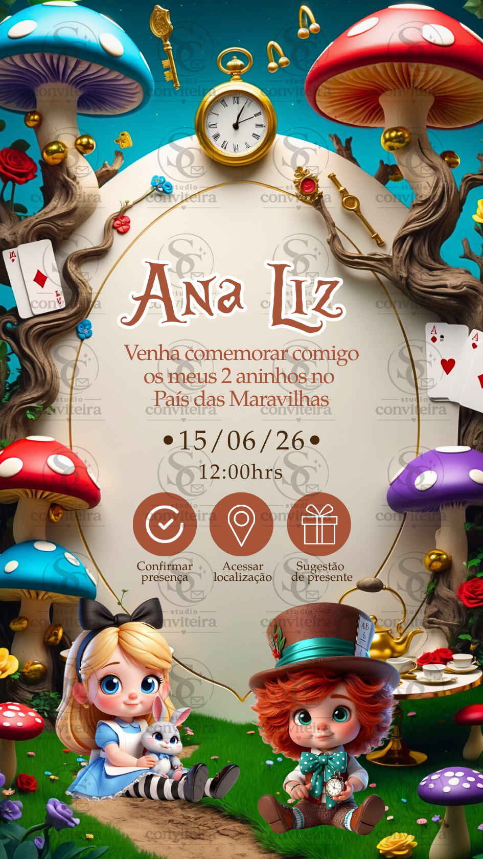 Convite Alice No Pais das Maravilhas 3D Interativo