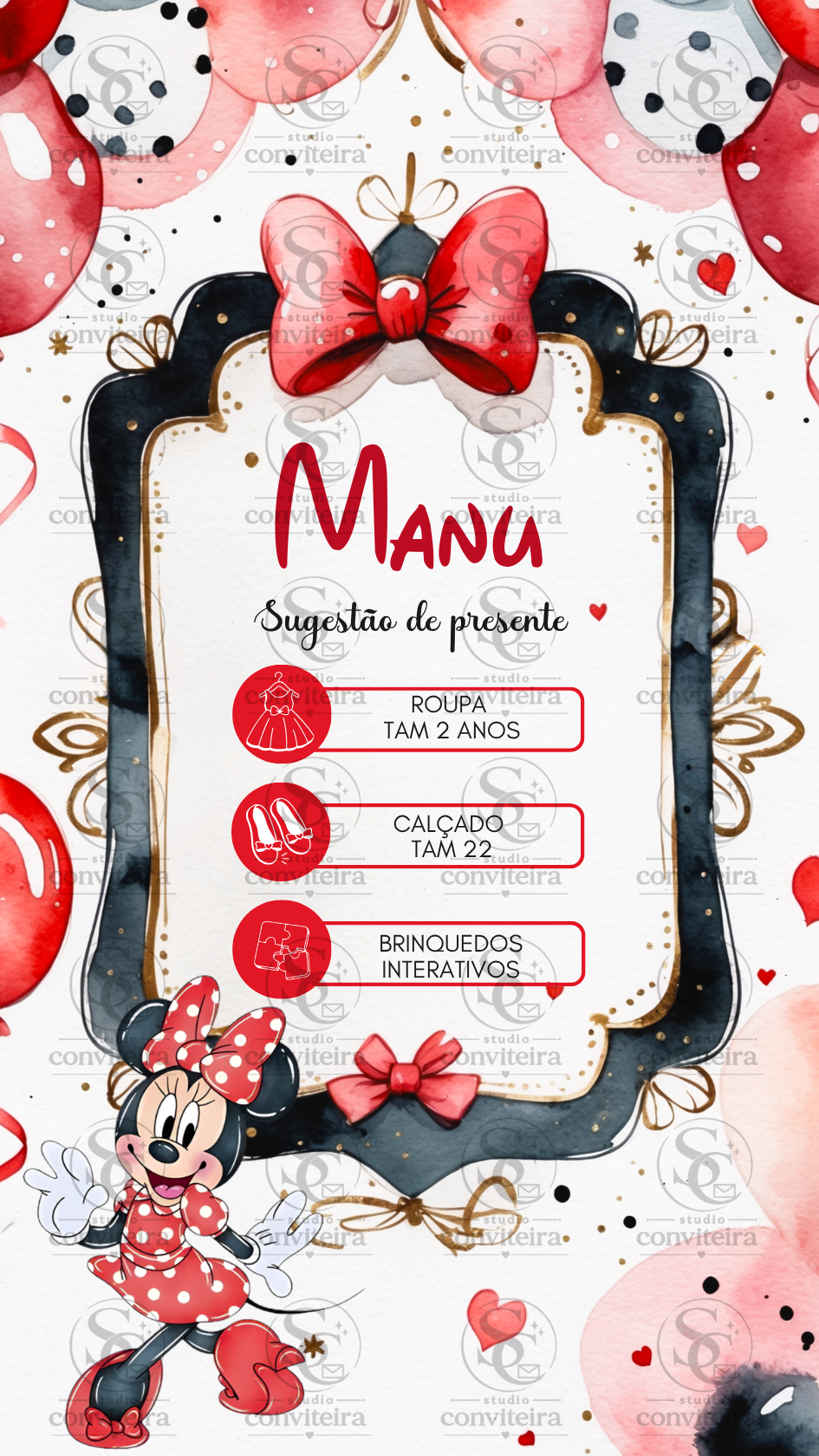 Convite Minnie Vermelha Aquarela Interativo