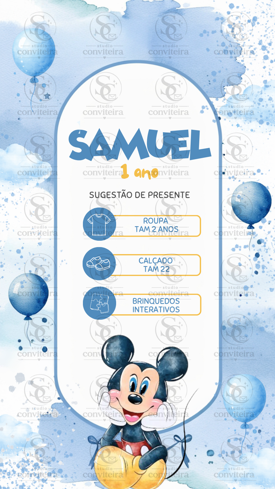 Convite Mickey Azul Aquarela Interativo