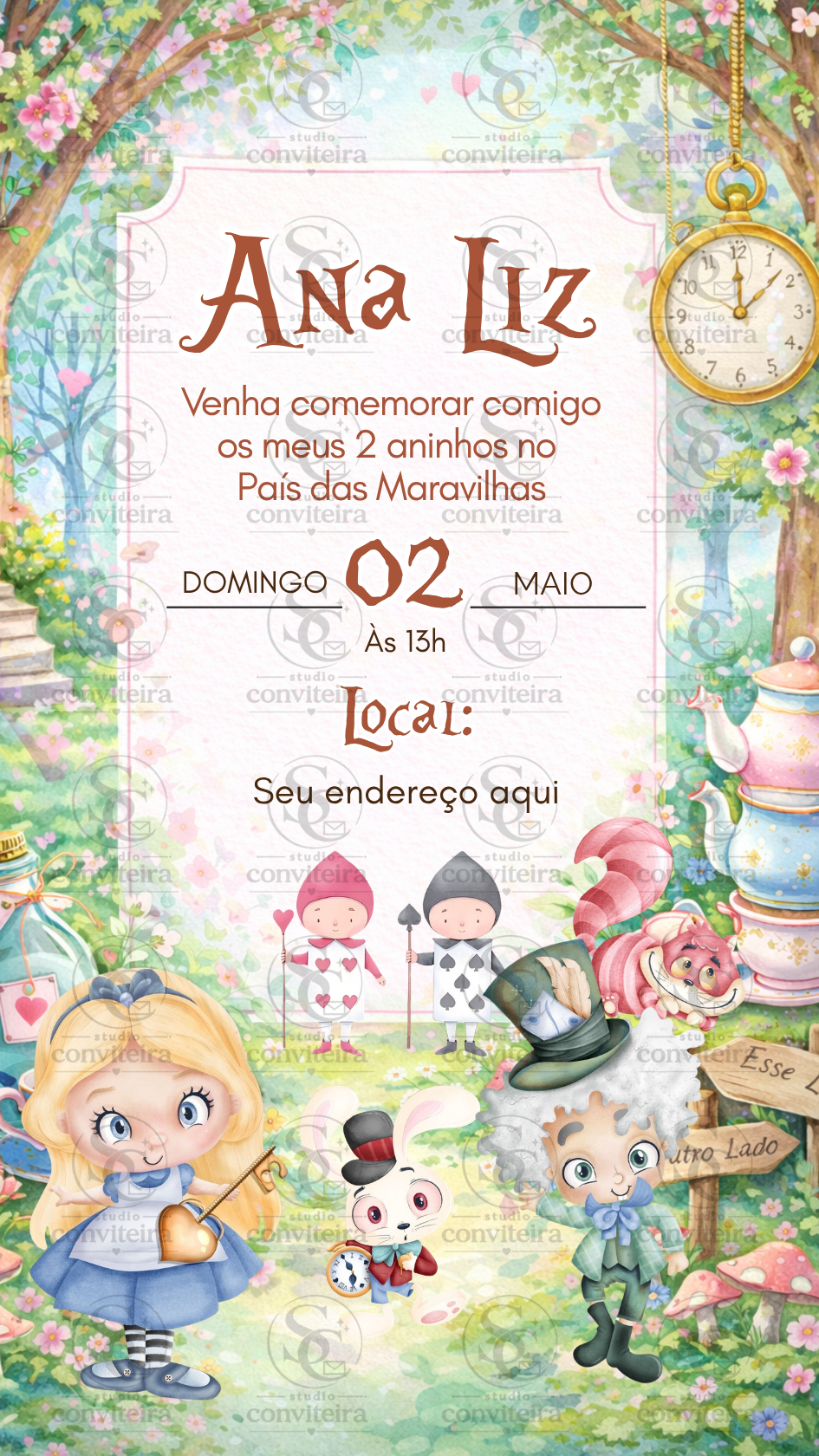 Convite Alice No Pais das Maravilhas Aquarela Digital