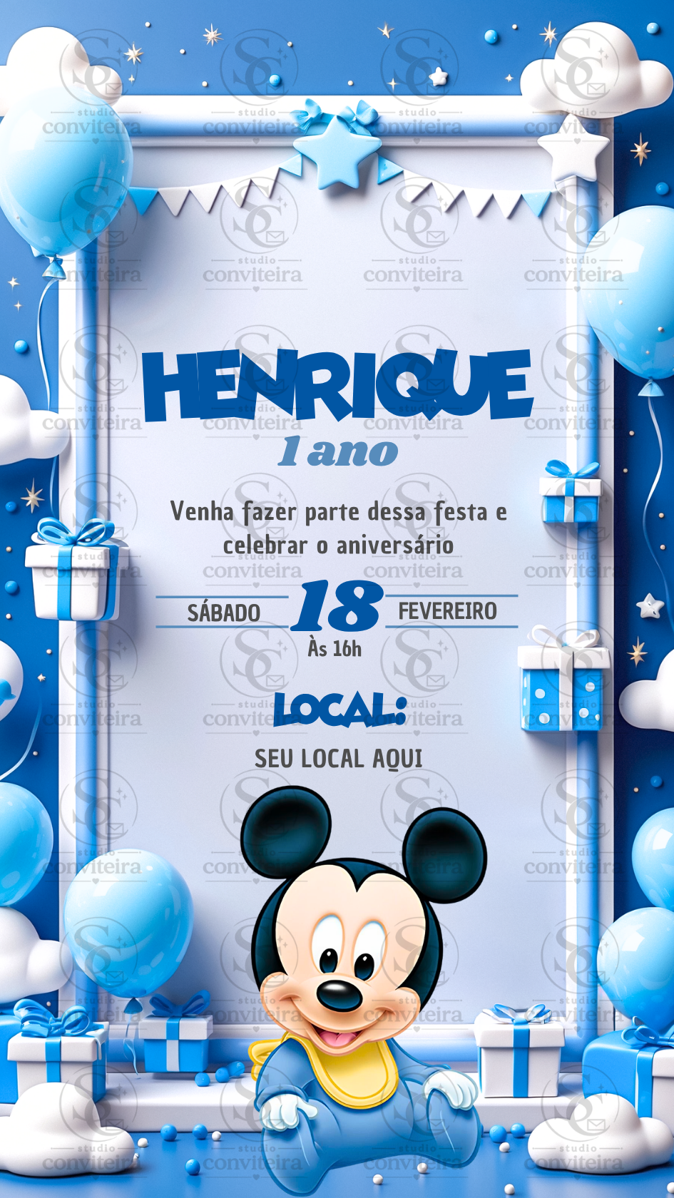 Convite Digital - Mickey Azul 3D