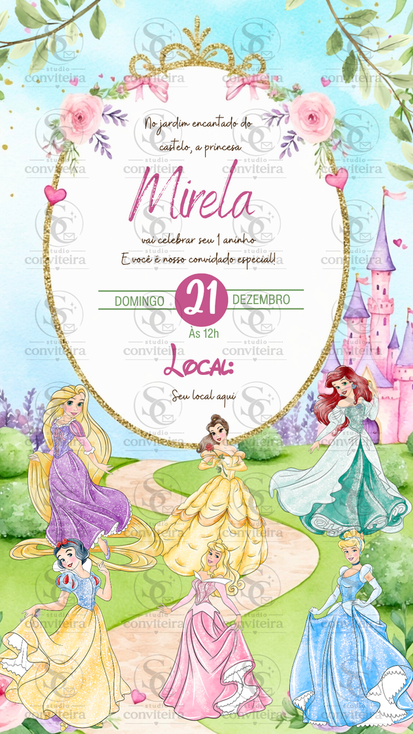 Convite Princesas Disney Aquarela Digital